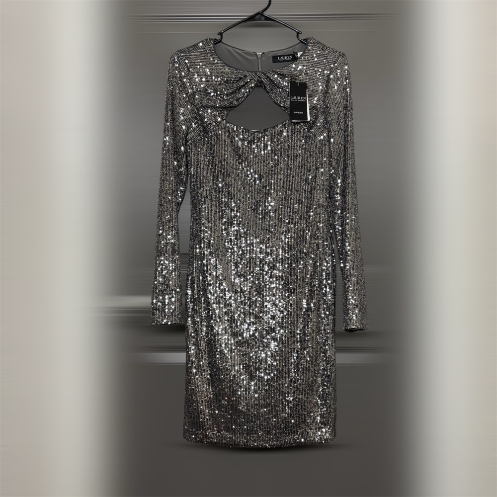 🥂Lauren Ralph Lauren New Sequined Twist Front Dress Silver and Grey Size 4 - Picture 15 of 16